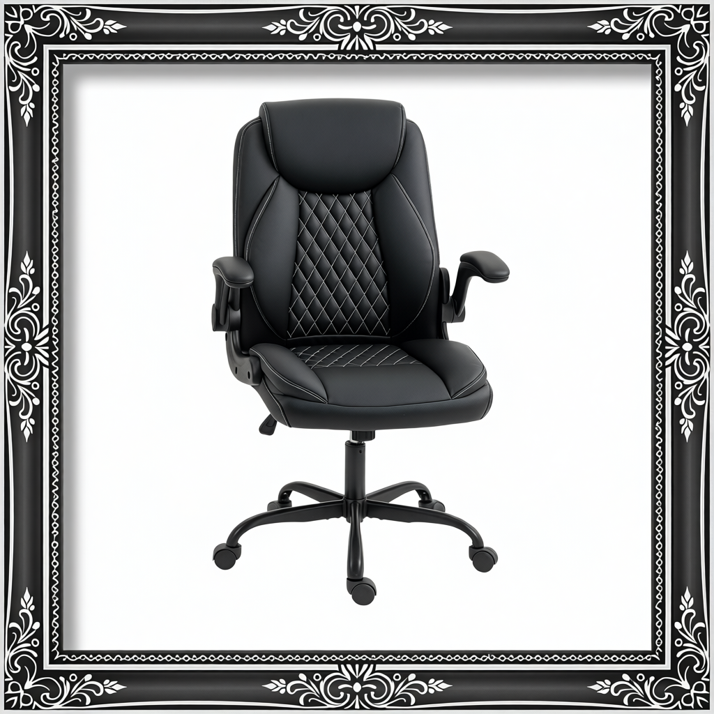 Faux Leather Office Chair. With Flip-Up Armrests - Black