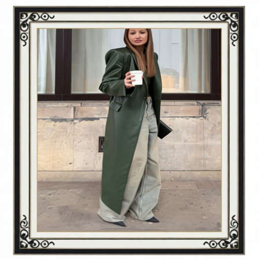 Olive Green Leather Maxi Trench Coat With Shoulder Pads