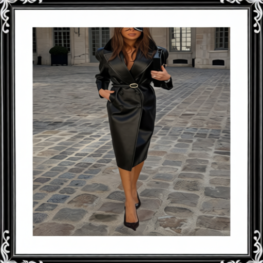 Elegant Leather Notched Lapel Trench Coat
