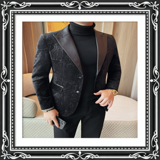 Jacquard Velvet Leather Lapel Men's Blazer