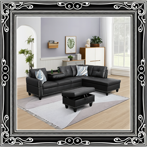 Pickup Only--Black Faux Leather Synthetic Leather 3-Piece Sofa Set
