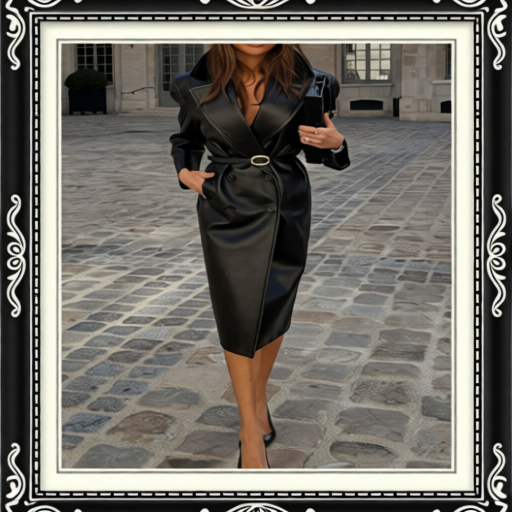 Elegant Leather Notched Lapel Trench Coat