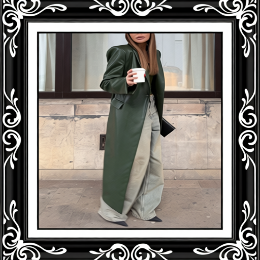 Olive Green Leather Maxi Trench Coat With Shoulder Pads