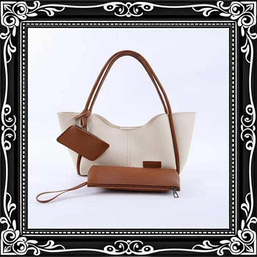 Cream Tan SHK108 Faux Leather Women Hand And Shoulder Bag With Wallet And Makeup Bag