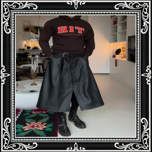 Black Leather Wide-Leg Midi Skirt