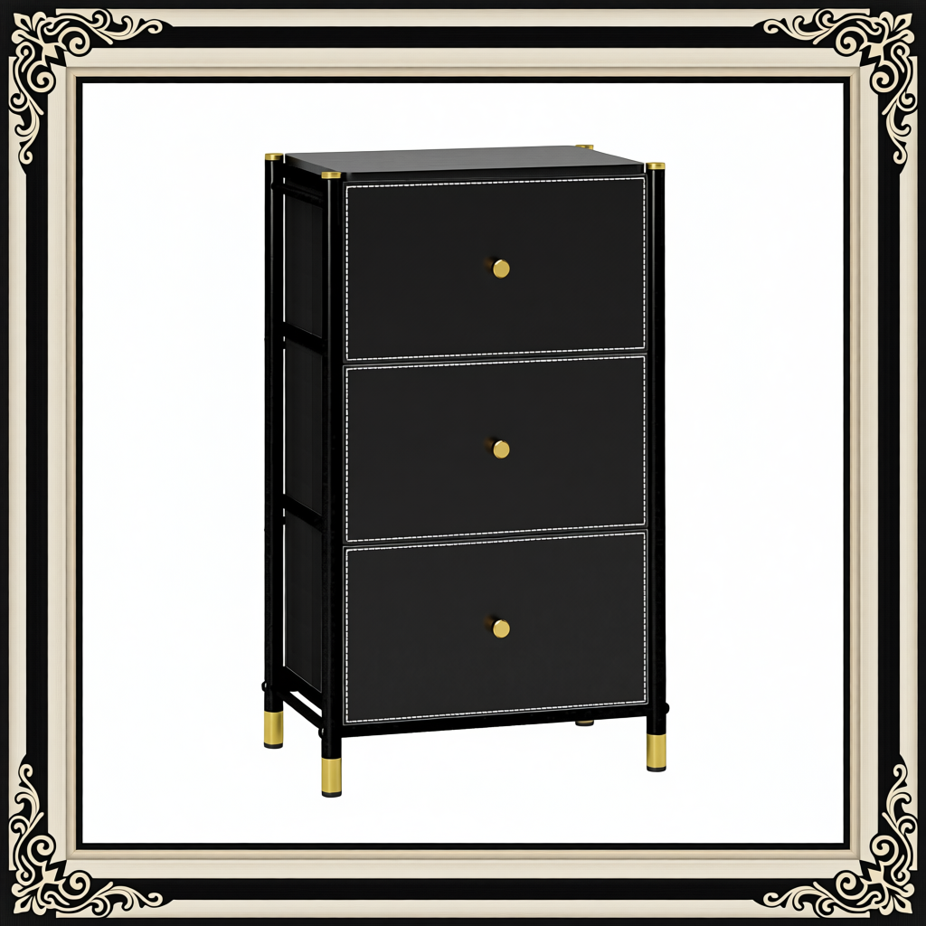 Faux Leather Front Chest Of Three Drawers - Black