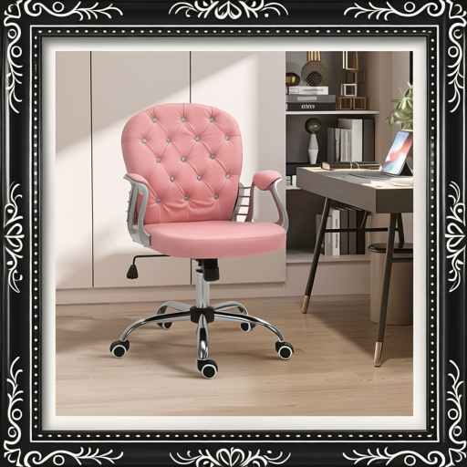 PU Leather Home Office Chair, Button Tufted Desk Chair With Padded Armrests, Adjustable Height And Swivel Wheels, Pink