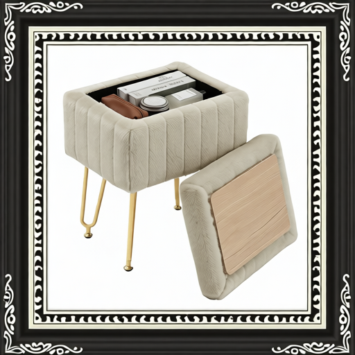 A Luxurious Seating Chair With Storage Function, A Small Oval Leather Imitation-fur Soft Cushioned Footstool, Equipped With 4 Metal Legs