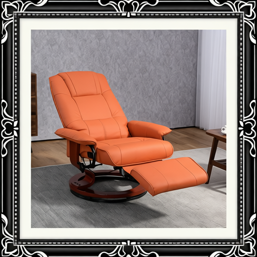 Faux Leather Recliner Chair, Swivel Recliner with Footrest, Armrest and Wood Base for Living Room, Orange