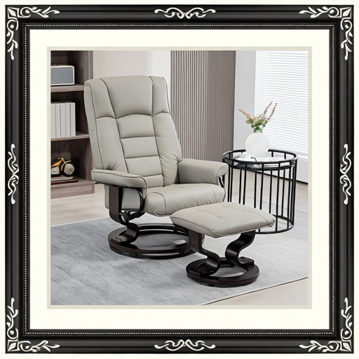 Faux Leather Recliner with Ottoman, Swivel Recliner Chair and Ottoman with High Back and Wood Base, Gray