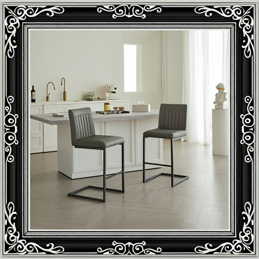 Gray Faux Leather Bar Stool With Vertical Tufted Backrest