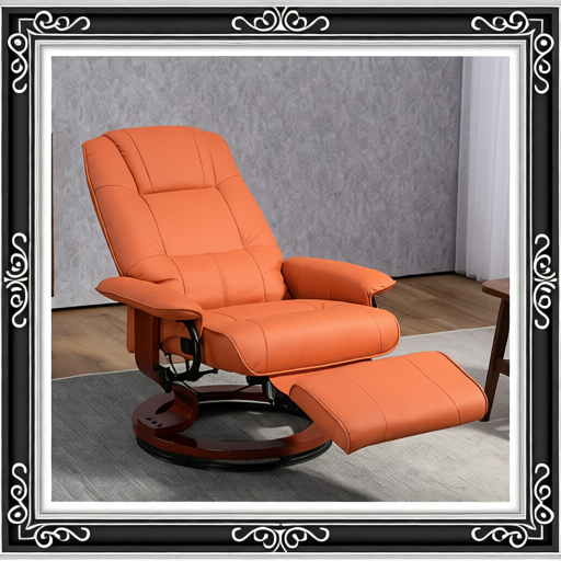 Faux Leather Recliner Chair, Swivel Recliner with Footrest, Armrest and Wood Base for Living Room, Orange