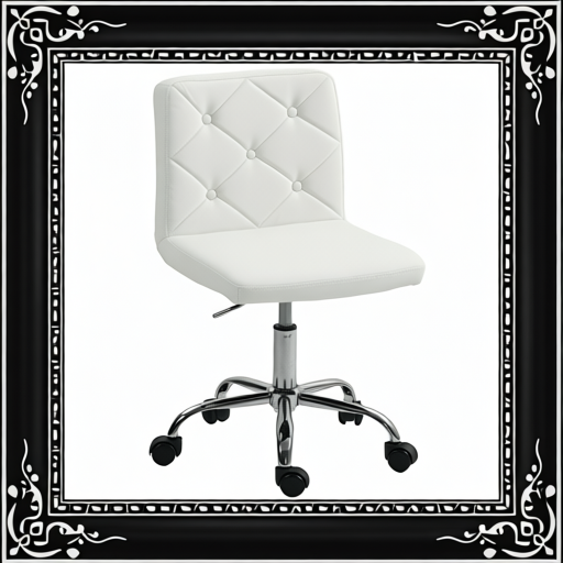 PU Leather Armless Office Chair, Modern Vanity Computer Swivel Chair With Rolling Wheels And Adjustable Height For Home Study, Bedroom, White