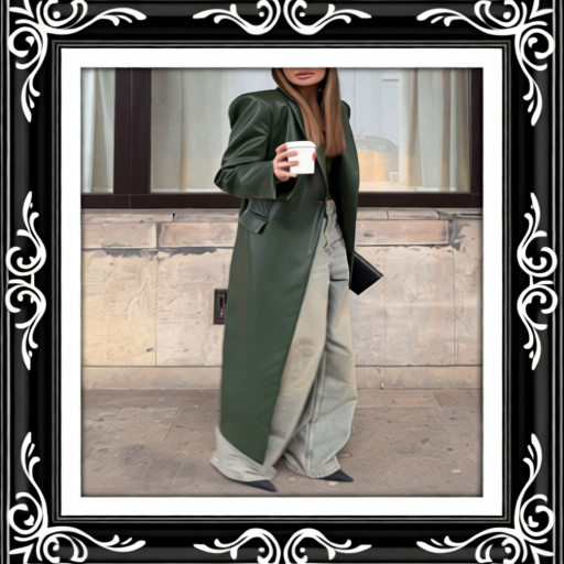Olive Green Leather Maxi Trench Coat With Shoulder Pads