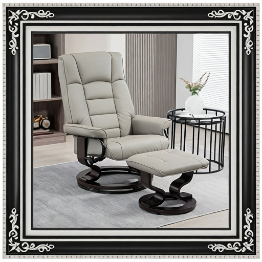 Faux Leather Recliner with Ottoman, Swivel Recliner Chair and Ottoman with High Back and Wood Base, Gray