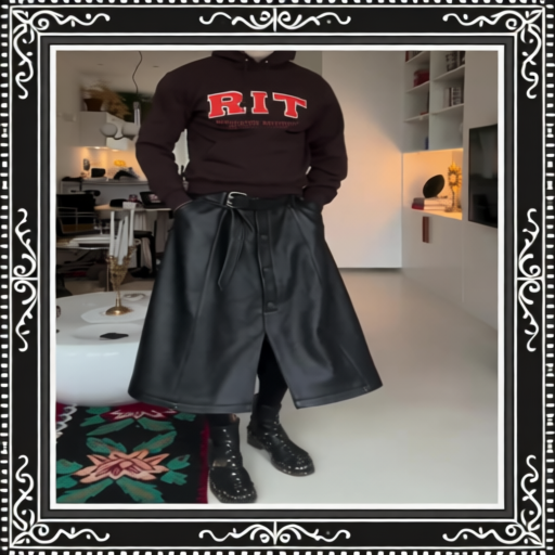 Black Leather Wide-Leg Midi Skirt