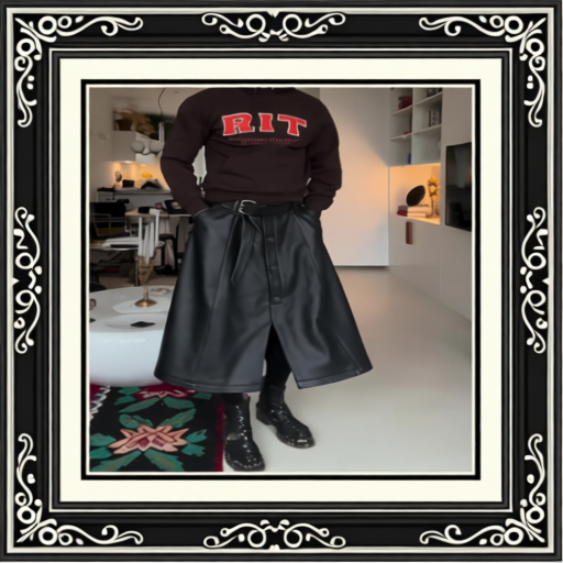 Black Leather Wide-Leg Midi Skirt