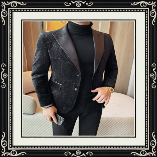 Jacquard Velvet Leather Lapel Men's Blazer