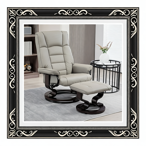 Faux Leather Recliner with Ottoman, Swivel Recliner Chair and Ottoman with High Back and Wood Base, Gray