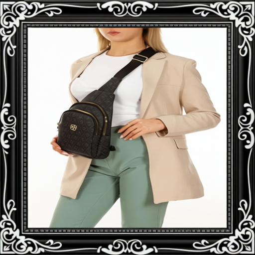 Women Black Leather Monogram Crossbody Belt Chest Shoulder Bag