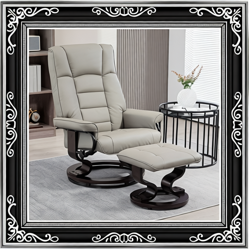 Faux Leather Recliner with Ottoman, Swivel Recliner Chair and Ottoman with High Back and Wood Base, Gray