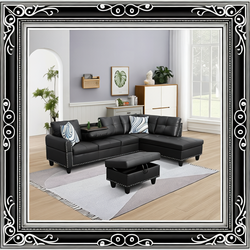 Black Faux Leather Synthetic Leather 3-Piece Sofa Set