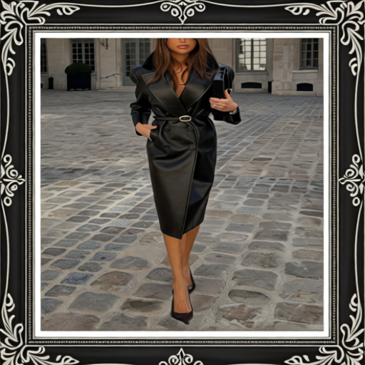 Elegant Leather Notched Lapel Trench Coat