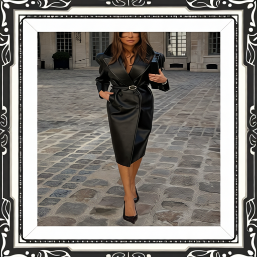 Elegant Leather Notched Lapel Trench Coat