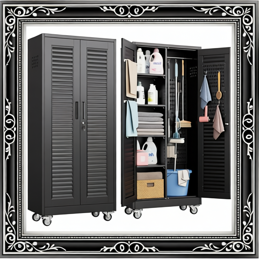 SUXXAN Broom Closet With Wheels, Metal Cleaning Cabinets With Louvered Doors Hooks And Hanging Rods, Lockable Cabinet With Pegboard, Adjustable Shelf,for Garage, Laundry Room