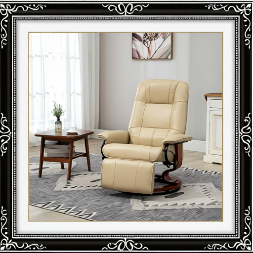 Faux Leather Manual Recliner, Adjustable Swivel Lounge Chair with Footrest, Armrest and Wrapped Wood Base for Living Room, Cream White