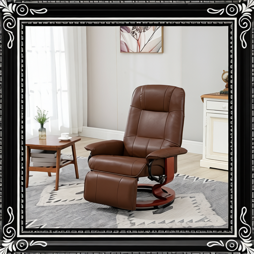 Faux Leather Manual Recliner, Adjustable Swivel Lounge Chair with Footrest, Armrest and Wrapped Wood Base for Living Room, Brown